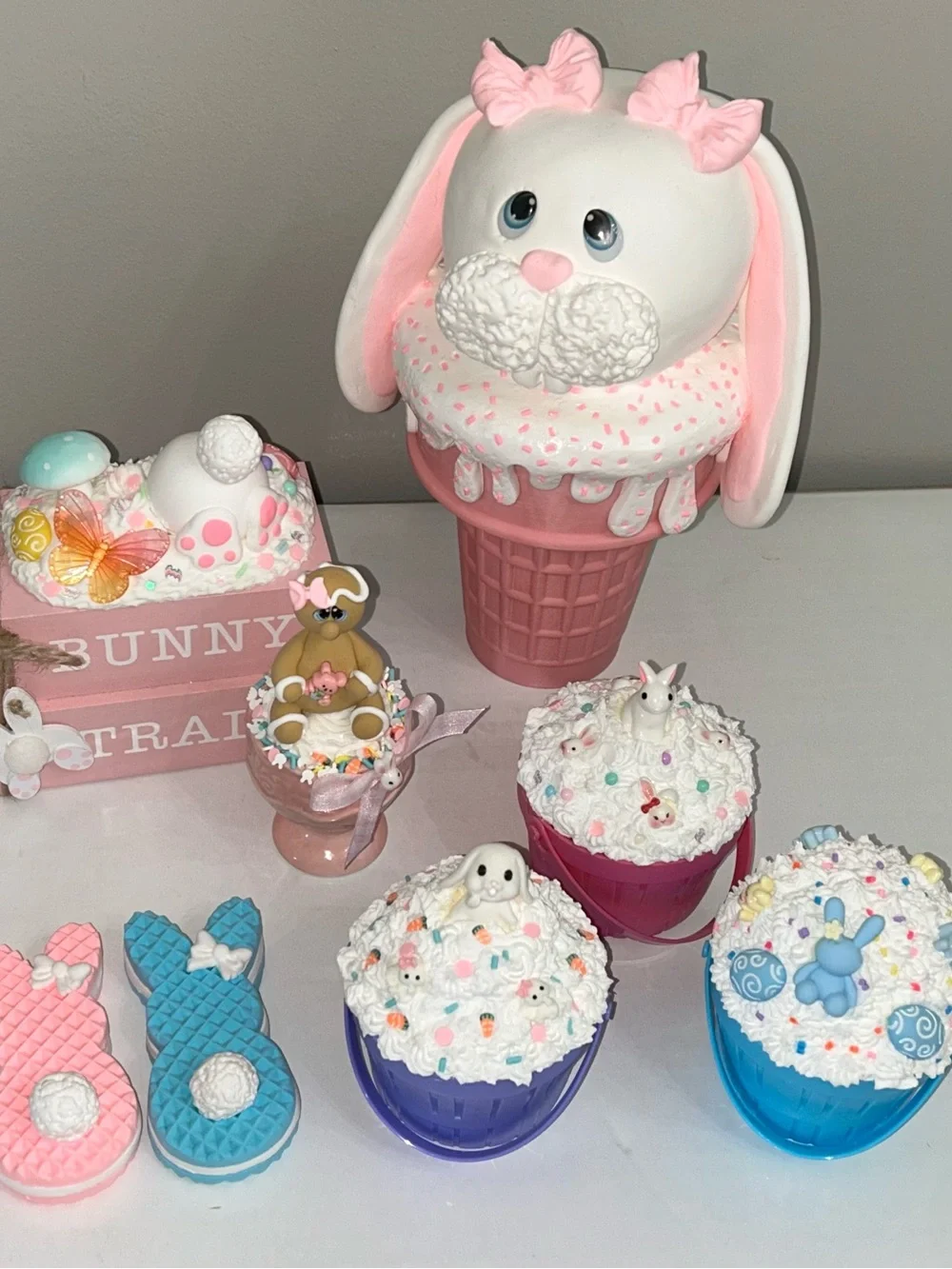 Pink Bunny Ice Cream Cupcake Party Decor Set - Handmade